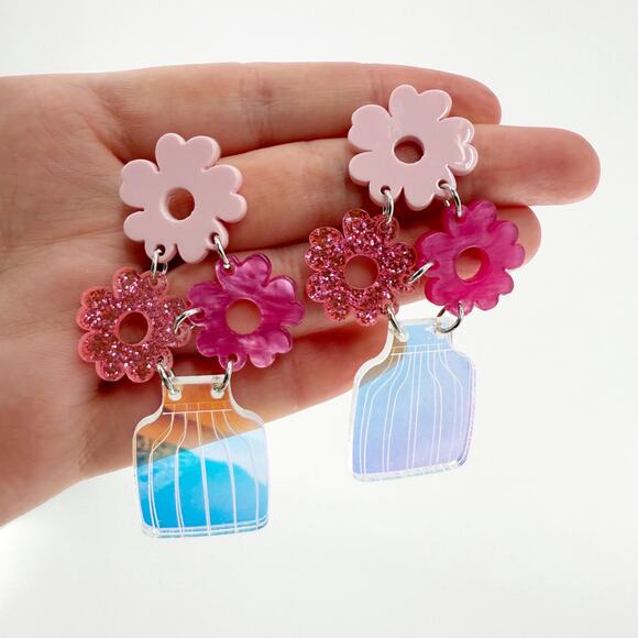 Flower Vase Drop Earrings, Acrylic Earrings, Novelty Earrings, Floral Jewelry - Picture 1 of 4